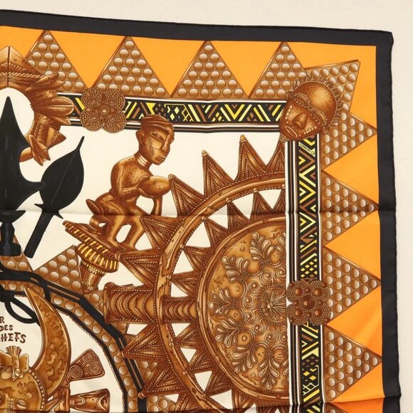HERMES Carre 90 Scarf ""L'ORDES CHEFS"" Silk Black Orange Auth - Picture 3 of 14